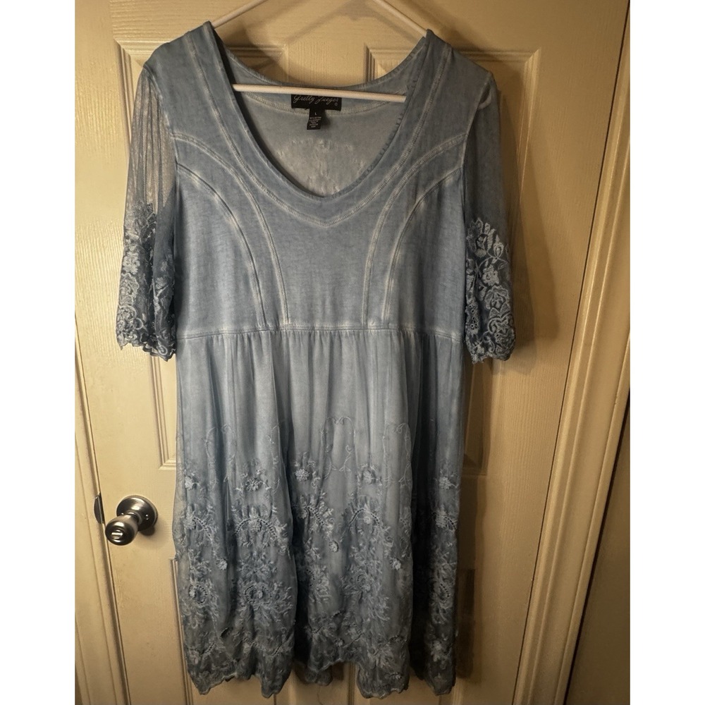 Gretty Zueger Blue Lace Dress Boho Lagenlook Cottagecore Embroidered Midi